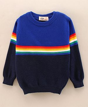 Simply Full Sleeves Knit Sweater Rainbow Stripes Design- Blue