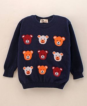 Simply Full Sleeves Knit Sweater Bear Face Design- Navy Blue