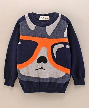 Simply Full Sleeves Knit Sweater Animal Face Design- Navy Blue