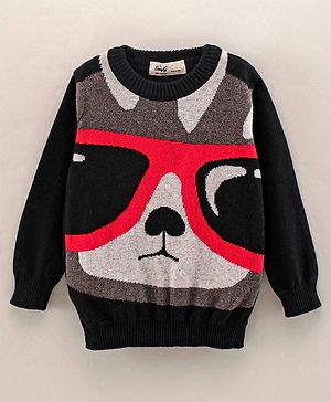 Simply Full Sleeves Knit Sweater Animal Face Design- Black