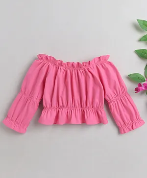 Taffy Full Off Shoulder Puff Sleeves Solid Crop Top - Pink