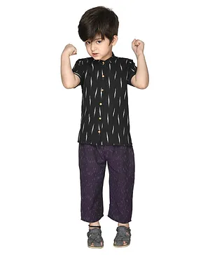 Olesia Short Sleeves Ikat Styled Short Kurta With Cotton Pant - Black & Purple