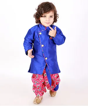 KID1 Full Sleeves Front Button Closure Sherwani With Patola Printed Dhoti - Blue