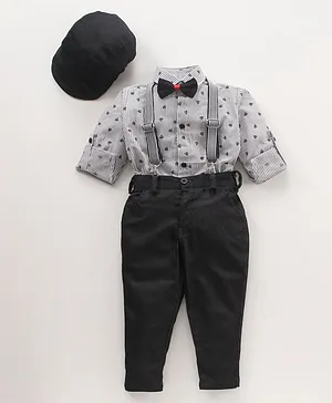 Rikidoos Full Sleeves Railroad Striped Suspender Shirt With Pant Coordinating Cap & Bow - Grey & Black