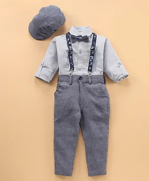 Rikidoos Full Sleeves Detailed Suspender With Pin Checked Pant Coordinating Cap & Bow - Blue
