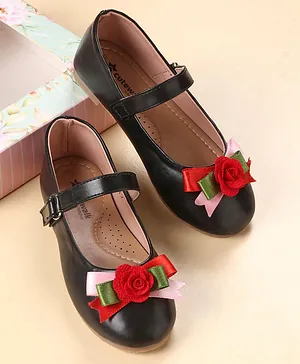 Cute Walk by Babyhug Party Wear Belly Shoes Floral Applique - Black Red