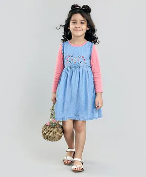 Babyoye Cotton Embroidered Frock with Full Sleeves Inner Tee Polka Dot Print - Blue