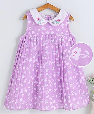 Babyoye Sleeveless Frock With Floral Print & Embroidery - Purple