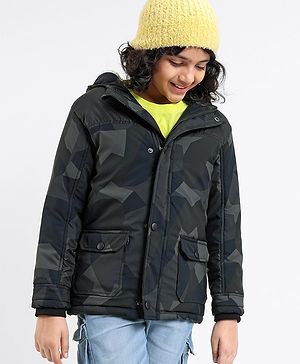 Pine Kids Full Sleeves Camouflage Printed Winter Wear Padded Jacket With Hoodie - Multicolour