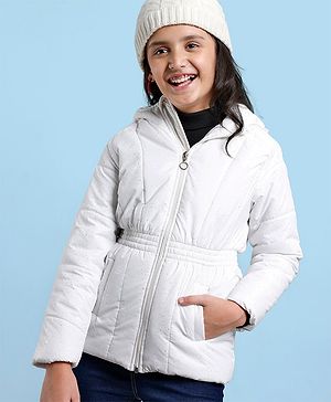 Pine Kids Full Sleeves Puffed Glittered Hooded Jacket Moderate Winter - Silver