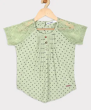 Nins Moda Short Floral Lace Sleeves Polka Dot Print Pleated Yoke Detail Top - Green