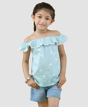 Nino Togs Short Sleeves Lace Ornamentation Abstract Printed Off Shoulder Top - Sky Blue