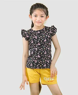 Nino Togs Frill Sleeves Unicorn Love Printed T Shirt With Chic Be One Embroidered Shorts - Black Yellow