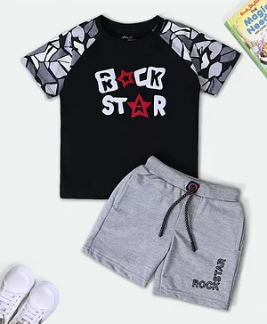Nino Togs Half Sleeves Rockstar And Mosaic Printed Sleeves Detail T Shirt With Shorts - Black