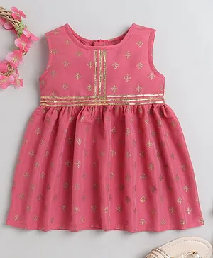 Many frocks & Sleeveless Gotta Embellished Motif Print Ethnic Dress - Pink