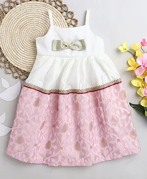Many frocks & Sleeveless Big Bow Embellished Floral Weaving Detail Dress - Cream Pink