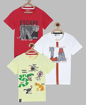 3PIN  Pack Of 3 Half Sleeves Animal & Text Printed Tees - Red Yellow & White