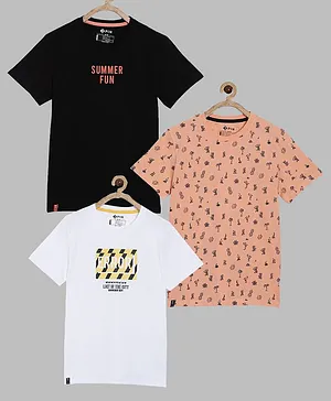 3PIN Pack Of 3 Half Sleeves Summer Fun & All Over Tree With Placement Text Printed Tee - Black Peach & White