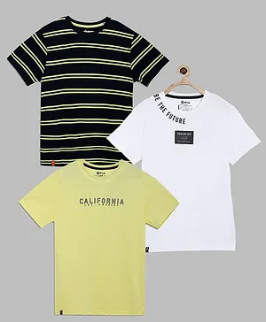 3PIN Pack Of 3 Half Sleeves Striped & Be The Future & California Text Printed Tee - Black White & Yellow