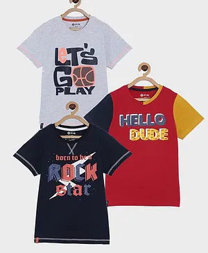 3PIN Pack Of 3 Half Sleeves Rock Star & Placement Text Printed Tees - Grey Red & Blue