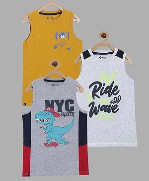 3PIN Pack Of 3 Sleeveless Dinosaur With Ride The Wave Text Printed Tees - Mustard & Grey