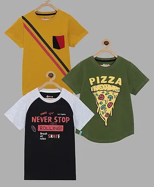 3PIN Pack Of 3 Half Sleeves Pizza Slice & Never Stop Rolling Text Printed Tees - Yellow Olive Green & Black