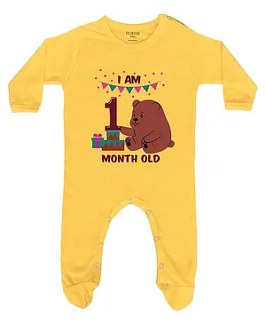 FFlirtygo Full Sleeves I Am One Month Old Print Footed Romper - Yellow