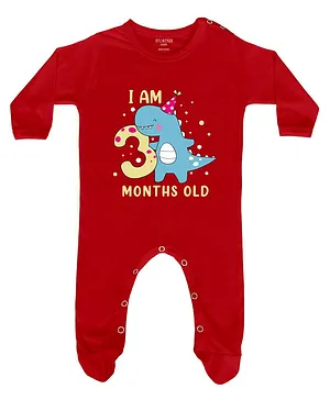 FFlirtygo Full Sleeves I Am Three Month Old Print Footed Romper - Red