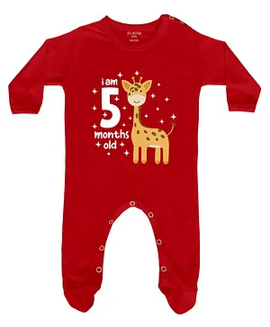 FFlirtygo Full Sleeves I Am Five Month Old Print Footed Romper - Red