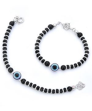 Black Silver BIS Hallmarked 925 Pure Silver Evil eye Baby Nazariya Bracelet With Black Crystal And Slver Beads - Black