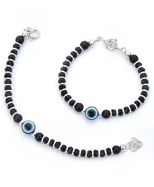 Black Silver BIS Hallmarked 925 Pure Silver Evil eye Baby Nazariya Bracelet With Black Crystal And Slver Beads - Black