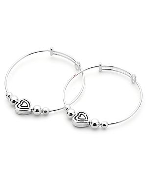 Black Silver 925 Pure Silver Pair of Adjustable Plain Pipe Kada with Heart Charms - Silver