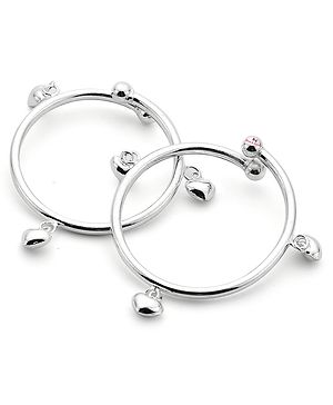 Black Silver 925 Pure Silver Pair Of Adjustable Plain Pipe Kada with Heart Charms For Baby Boys & Baby Girls