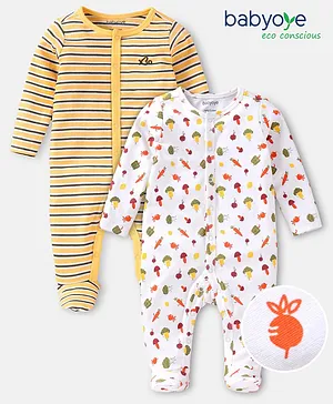 Babyoye 100% Cotton with Eco-Jiva Full Sleeves Striped & Veggies Printed Sleepsuit Pack Of 2 - Multicolour