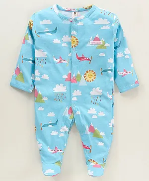 ToffyHouse Full Sleeves Footed Sleep Suit Cloud Print - Royal Blue