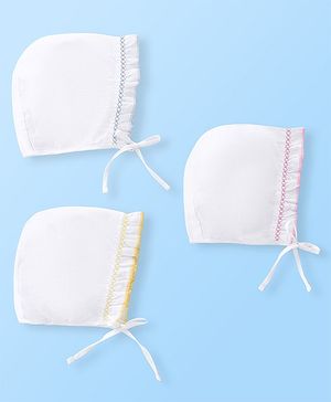 Babyhug Cotton Woven Tie-Knot Cap Set Solid White - Diameter 14 cm