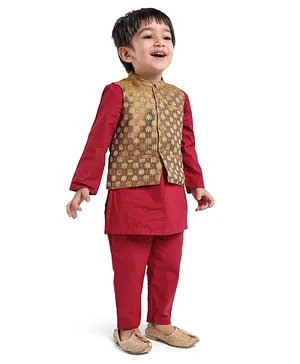 Babyoye Cotton Kurta Pyjama Set With Waist Coat Star Print - Red