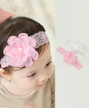 Bonfino Free Size Floral Design Headbands Pack of 2 - Light Pink White