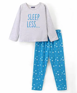 Pine Kids Full Sleeves 100% Cotton Bio-Wash Text Print Night Suit - Grey and Blue