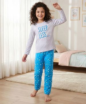 Pine Kids Full Sleeves 100% Cotton Bio-Wash Text Print Night Suit - Grey and Blue