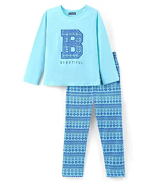 Pine Kids Full Sleeves Cotton Text Print Night Suit - Blue