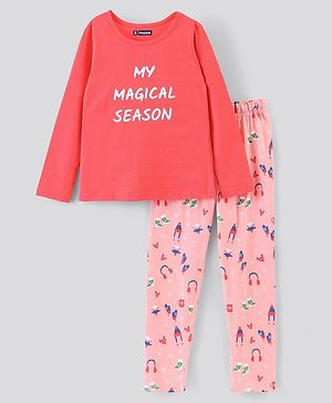 Pine Kids 100% Cotton Full Sleeves Biowashed Night Suit Text Print - Peach