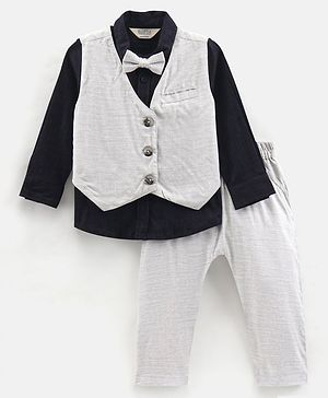 Bonfino Woven Party Wear Full Sleeve Shirt With Waistcoat & Trouser - Navy