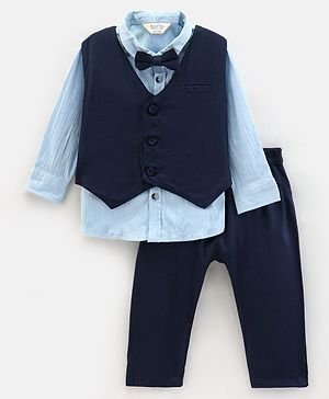 Bonfino Woven Party Wear Full Sleeve Shirt With Waistcoat & Trouser - Light Blue
