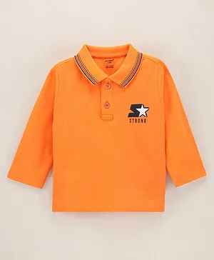 Cucumber Full Sleeves Polo T-Shirt Text Print - Orange