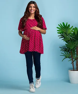 Bella Mama Ruffle Sleeves Maternity Top Dot Print - Red