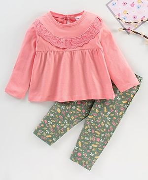 Babyhug Full Sleeves Knit Top & Leggings Set With Floral Print & Schiffli Embroidery Detailing - Pink Green