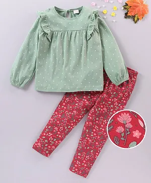 Babyhug Cotton Knit Full Sleeves T-Shirt & Pant Set Polka Dots & Floral Print - Basil Green Scarlet Red