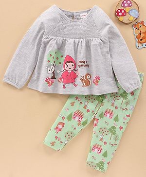 Babyhug Cotton Knit Full Sleeves Top & Pant Set Multiprint - Grey Green