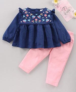 Babyhug Full Sleeves Top & Leggings Set Bird & Floral Embroidery - Navy Blue Pink